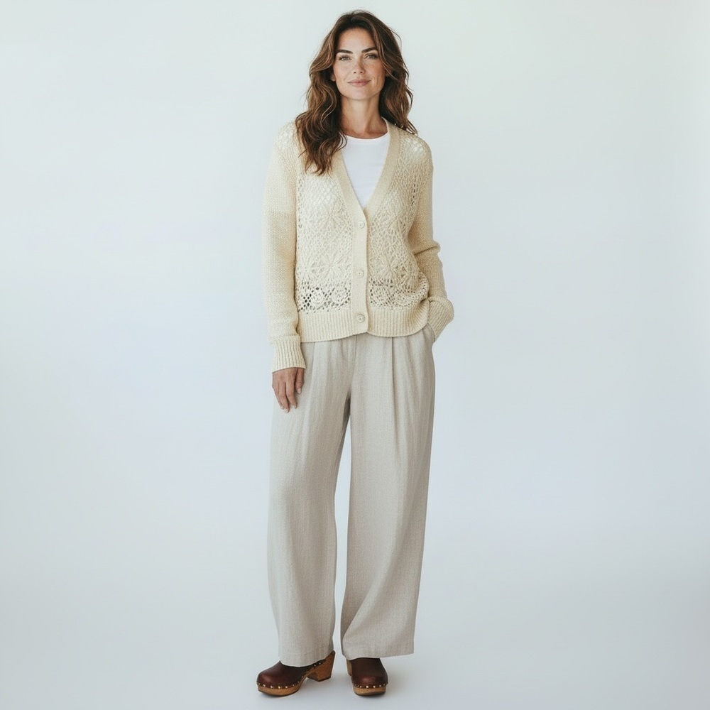 Vintage 90s cream cotton floral crochet knit cardigan open weave cardigan Boho - Picture 4 of 9